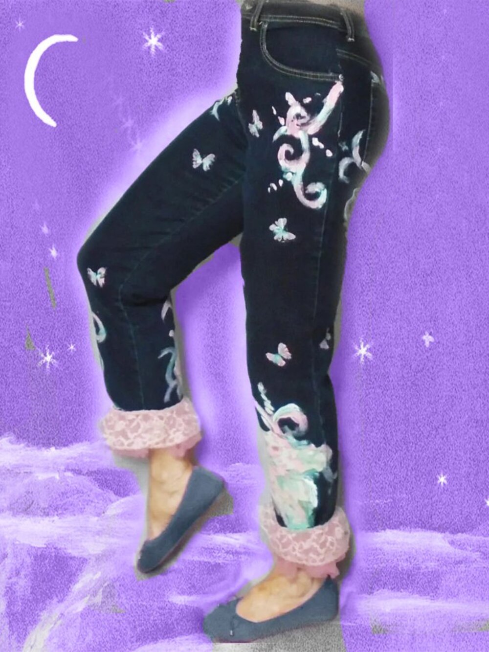 Upcycled Jeans Capris with Ruffles Applique Work OOAK
